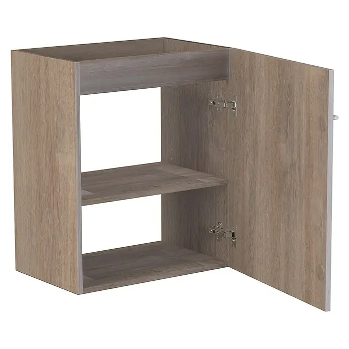 Camargue Espacio Waschtischunterschrank - 50 x 33 x 60 cm, Faro - Bild eines offenen Holzschranks mit zwei Regalen, der Stauraum und Organisation bietet.