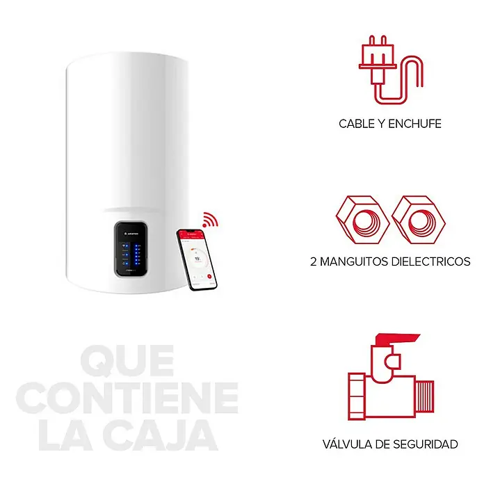 Ariston Termo eléctrico Lydos WIFI - 50 l, 1.500 W, Montaje en la pared - Imagen del producto de un termo de agua moderno con accesorios: cable y enchufe, manguitos dieléctricos y válvula de seguridad.