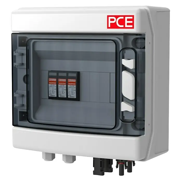 PCE Verteiler Sol-Line - 1 MPP - Das Bild zeigt eine PCE-Sicherungskombinationsbox, ein robustes Gerät mit transparentem Deckel für Solarstromanlagen.