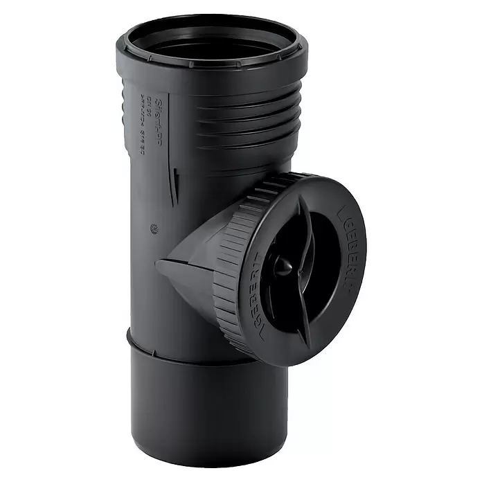 Geberit Silent PP-Reinigungsrohr - Nennweite: 50 mm - Schwarzes Kunststoff-Abzweigrohrstück mit seitlicher Revisionsklappe.