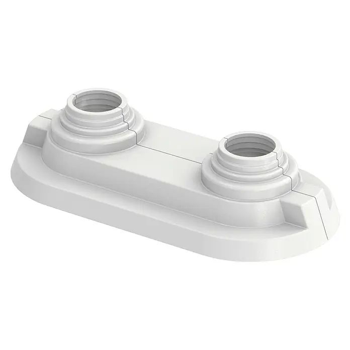 Doppelrosette - Breite: 50 mm, Weiß - Ein weißes, zweiteiliges Kunststoff-Produkt mit zwei runden Öffnungen, wahrscheinlich ein Verbindungsstück.