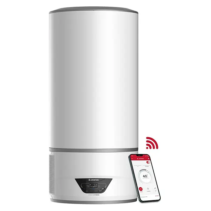 Termo eléctrico con depósito de recogida de condensados - 100 l, 1.200 W, Montaje en la pared - El calentador de agua Ariston Lydos Hybrid con control por smartphone para agua caliente eficiente.
