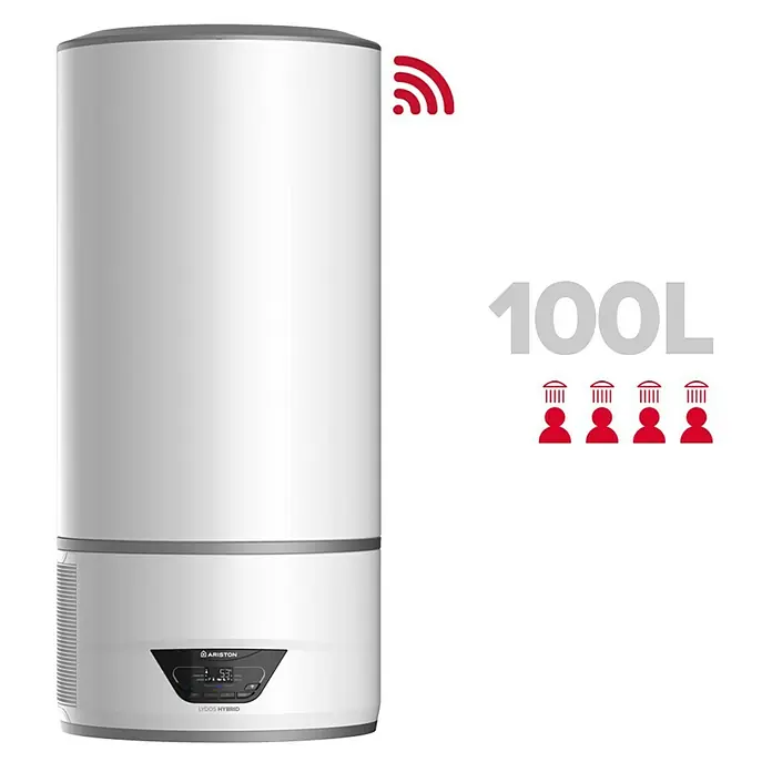 Ariston Aerotermo Lydos Hybrid Wifi - 100 l, 1.200 W - El calentador de agua Ariston Lyos Hybrid tiene una capacidad de 100L, proporciona agua caliente inteligente para cuatro personas y cuenta con WiFi.