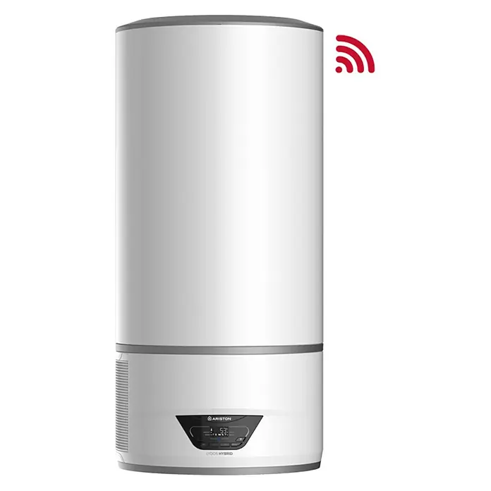 Ariston Aerotermo Lydos Hybrid Wifi - 100 l, 1.200 W - Termo Ariston LYDOS HYBRID, con detalles en gris y un símbolo rojo de Wi-Fi que destaca su conectividad.
