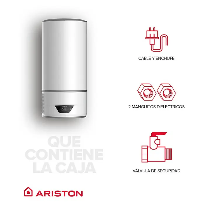Ariston Aerotermo Lydos Hybrid Wifi - 100 l, 1.200 W - Imagen de producto de un calentador de agua Ariston con accesorios como cable, enchufe, válvulas y racores dieléctricos.