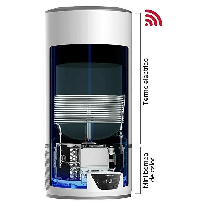 Termo eléctrico con depósito de recogida de condensados - 100 l, 1.200 W, Montaje en la pared - Imagen del producto de un calentador de agua eléctrico con bomba de calor para un calentamiento de agua eficiente.