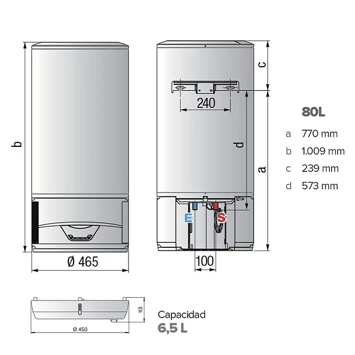 Ariston Aerotermo Lydos Hybrid Wifi - 80 l, 1.200 W - Diagrama de un calentador de agua de 80L que muestra las dimensiones de altura, diámetro y puntos de conexión para la instalación.