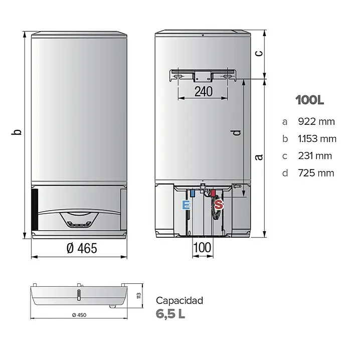 Termo eléctrico con depósito de recogida de condensados - 100 l, 1.200 W, Montaje en la pared - Diagrama de un calentador de agua eléctrico que muestra las dimensiones y las especificaciones de capacidad de 100 litros.