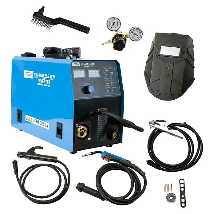 Güde Kombi-Schweißgerät UNI-MIG 205 SYN - Schweißstrom: 20 A - 200 A - Produktbild eines GÜDE UNI-MIG 205 SYN Inverter Schweißgeräts mit Zubehör wie Schweißhelm, Drahtbürste und Schweißdraht.