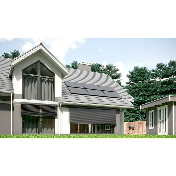 TCL Solarmodul T Class - 0% MwSt. (gem. § 12 Abs. 3 UStG) - Bifazial, Nennleistung: 440 W, L x B x H: 3 x 113,4 x 176,2 cm - Modernes Haus mit grauen Rollläden und Solarmodulen auf dem Dach. Die Rollläden schützen vor Sonne und Einbruch.