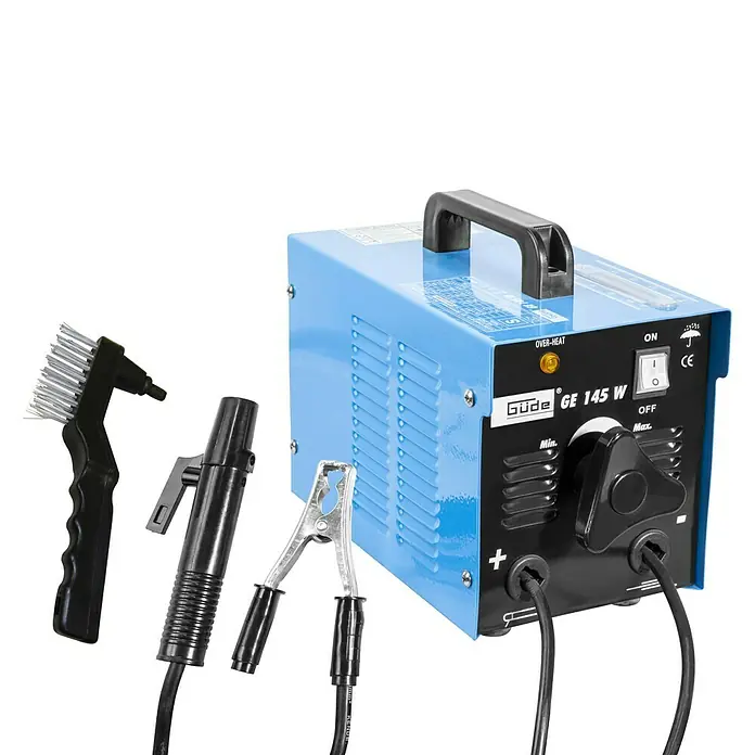 Güde Elektrodenschweißgerät GE 145 W - Schweißstrom: 40 A - 100 A, 230 V - Abbildung eines Güde GE 145 W Schweißgeräts, einem blauen Schweißtransformator mit Zubehör wie Bürste und Elektrodenhalter.