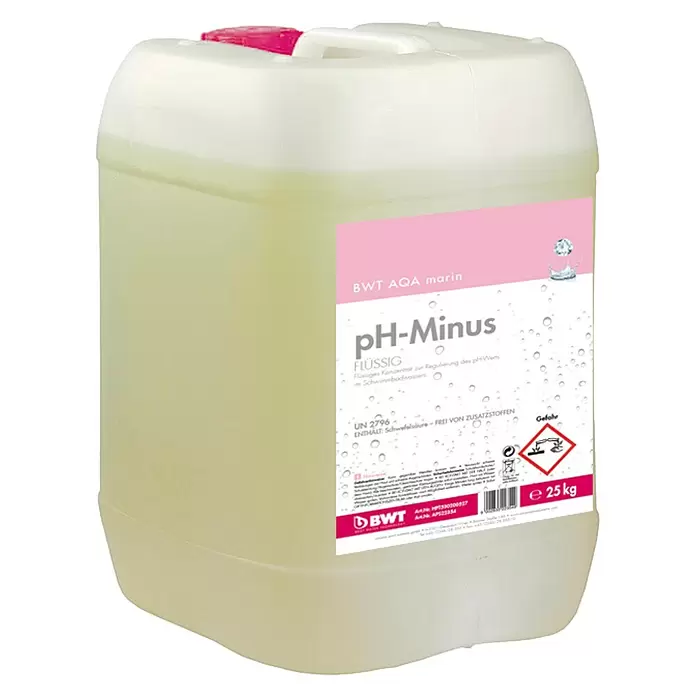 BWT pH-Minus Aqa Marin - 20 kg - 25kg hellgelber Kunststoffkanister mit BWT pH-Minus Flüssig (Schwefelsäure) für Schwimmbad-pH-Regulierung.