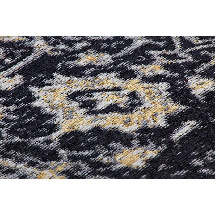 Kayoom Flachgewebeteppich Blaze - Grau/Braun, 150 x 75 cm, 74 % Polyester - Detailaufnahme eines Teppichs mit abstraktem Muster in dunklen und hellen Farben, ideal für moderne Wohnräume.