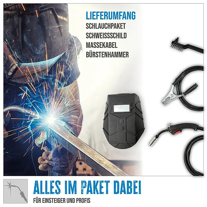 Güde Fülldrahtschweißgerät SG 131 A-SYN - Schweißstrom: 20 A - 120 A, 230 V - Bild eines Schweißsets mit Schweißhelm, Schlauchpaket, Massekabel und Bürstenhammer. Alles für Einsteiger und Profis im Paket dabei.