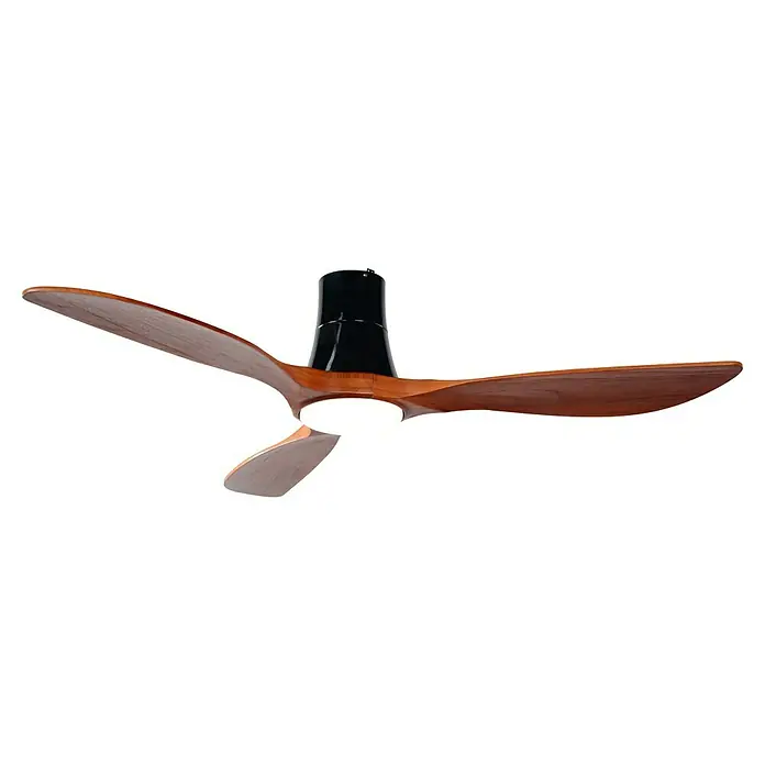 HJM Ventilador de techo VT531 - Madera, 137 cm, 55 W, Blanco frío - Un moderno ventilador de techo con tres aspas de madera y una carcasa de motor negra, diseñado para iluminación y refrigeración elegantes.