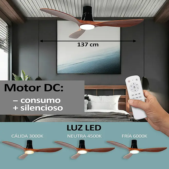 HJM Ventilador de techo VT531 - Madera, 137 cm, 55 W, Blanco frío - Un ventilador de techo con luz LED y mando a distancia. El ventilador tiene un motor DC para un bajo consumo y un funcionamiento silencioso.