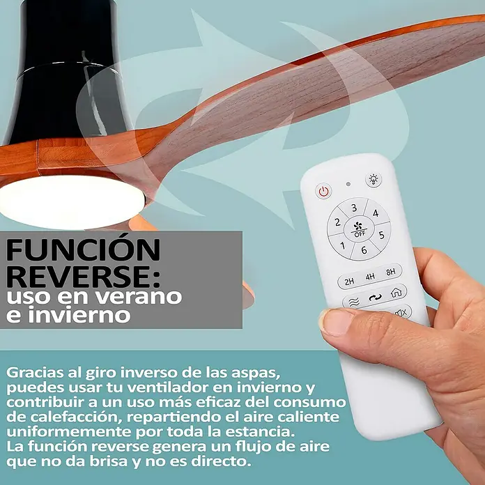 HJM Ventilador de techo VT531 - Madera, 137 cm, 55 W, Blanco frío - Un ventilador de techo con aspas de madera y un mando a distancia para gestionar la dirección de giro para uso en verano e invierno.