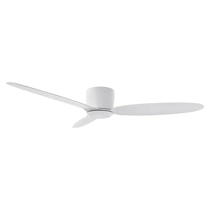 HJM Ventilador de techo VT555 - Blanco, 132 cm, 39 W - Primer plano de un ventilador de techo moderno blanco con tres aspas, que muestra una estética minimalista y una circulación de aire eficiente.