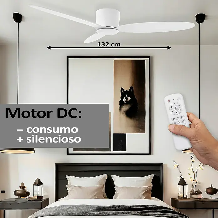 HJM Ventilador de techo VT555 - Blanco, 132 cm, 39 W - Dormitorio moderno con ventilador de techo, mando a distancia y motor DC de bajo consumo.
