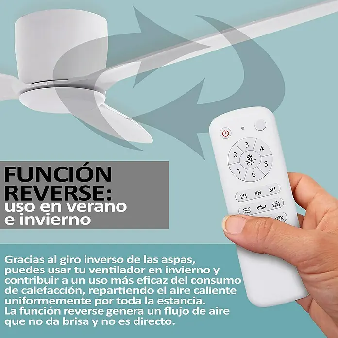 HJM Ventilador de techo VT555 - Blanco, 132 cm, 39 W - Imagen de un ventilador de techo con función inversa y un mando a distancia para gestionar sus funciones.