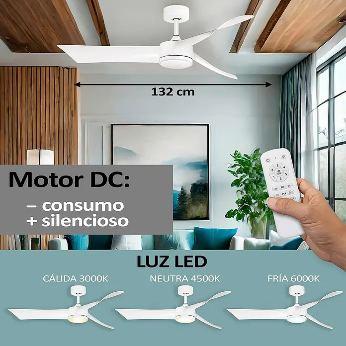 HJM Ventilador de techo VT524 - Blanco, 132 cm, 55 W, Blanco frío - Ventilador de techo blanco con luz LED y mando a distancia. Diámetro 132cm.