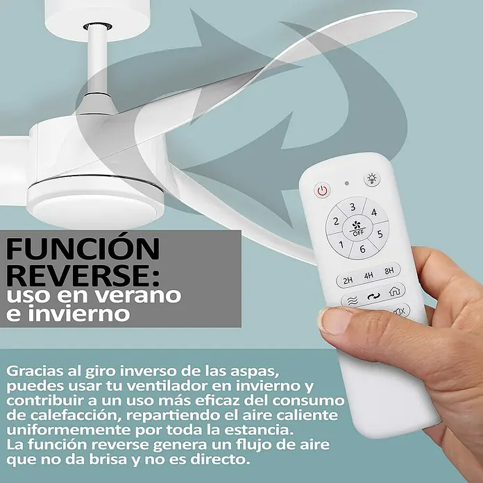HJM Ventilador de techo VT524 - Blanco, 132 cm, 55 W, Blanco frío - Imagen de un ventilador de techo con mando a distancia, destacando la función inversa, adecuado para ambientes de verano e invierno.
