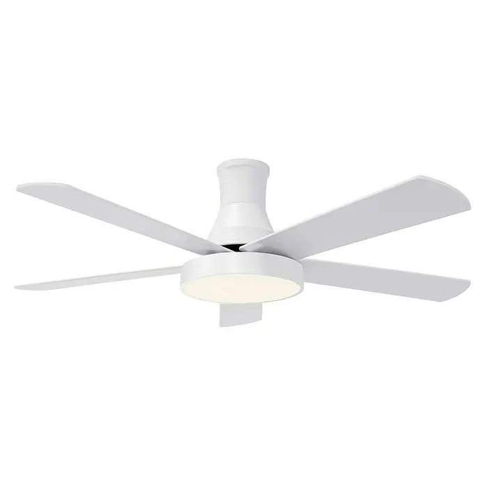 HJM Ventilador de techo VT562 - Blanco, 132 cm, 65 W, Blanco neutro - Primer plano de un moderno ventilador de techo blanco con cinco aspas e iluminación LED integrada. Diseño elegante para interiores con estilo.