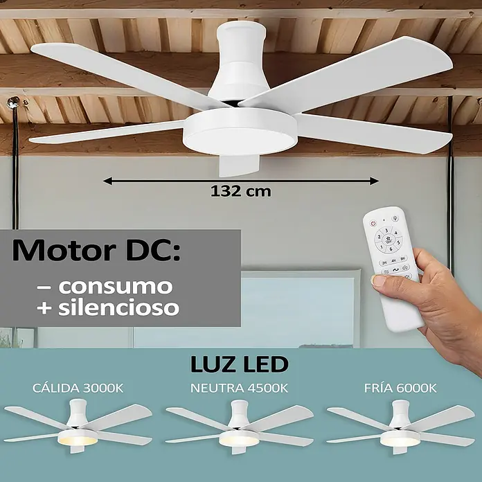 HJM Ventilador de techo VT562 - Blanco, 132 cm, 65 W, Blanco neutro - Ventilador de techo con iluminación LED y mando a distancia. Diámetro: 132 cm, motor DC de bajo consumo y varias temperaturas de color.