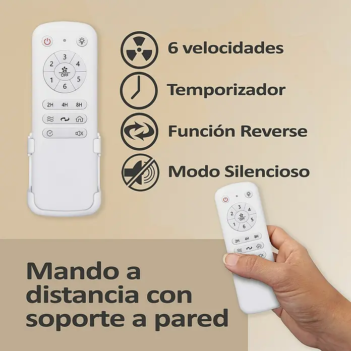 HJM Ventilador de techo VT562 - Blanco, 132 cm, 65 W, Blanco neutro - La imagen muestra un mando a distancia blanco para ventilador de techo con varias funciones.