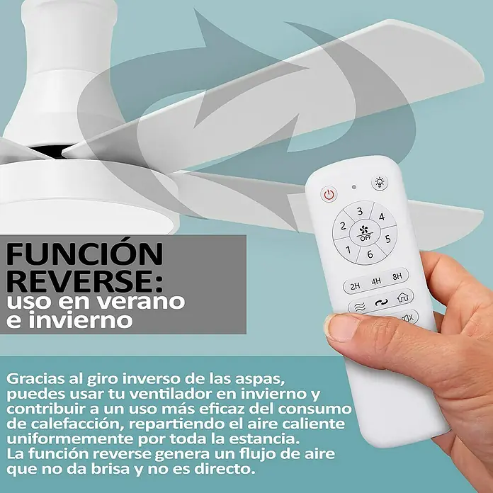 HJM Ventilador de techo VT562 - Blanco, 132 cm, 65 W, Blanco neutro - Ventilador con función inversa para verano e invierno y un control remoto para configurar diferentes modos.