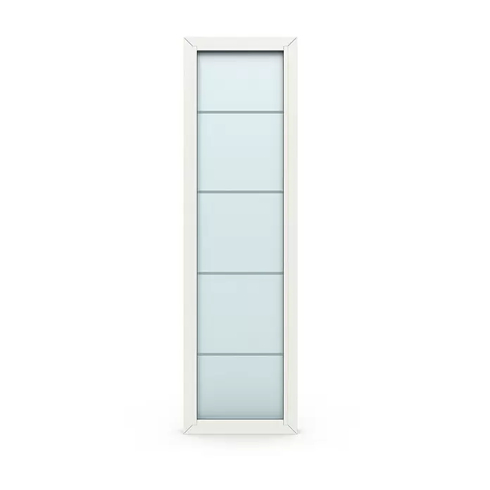 Gerda Seitenteil Thermo Prime - 60 x 210 cm, Weiß, Sandgestrahlt mit 4 Klarstreifen - Hohes, schmales Fenster mit weißem Rahmen und fünf durchscheinenden blauen Glasscheiben.