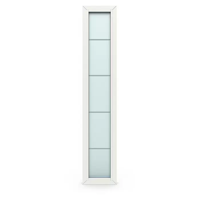 Gerda Seitenteil Thermo Prime - 40 x 210 cm, Weiß, Sandgestrahlt mit 4 Klarstreifen - Hohes, schmales Fenster mit weißem Rahmen und vier Abschnitten aus hellblauem, durchscheinendem Glas.