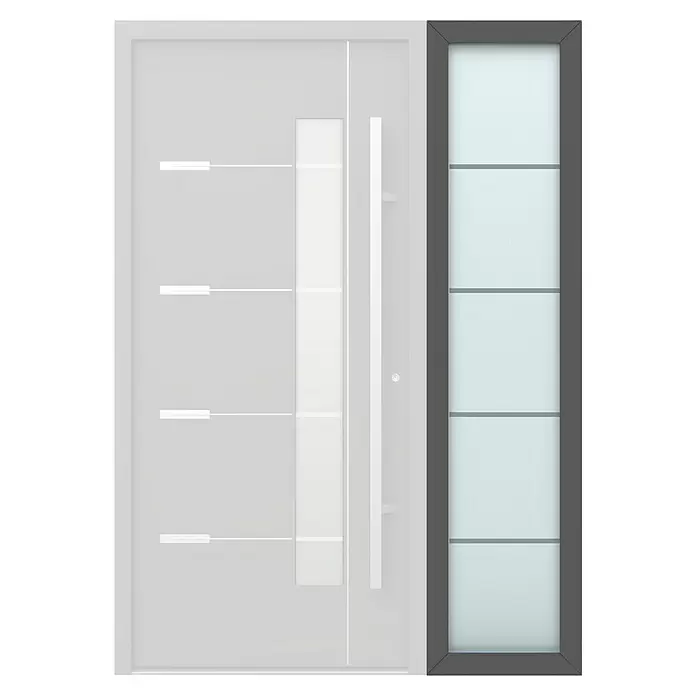 Gerda Seitenteil Thermo Prime - 50 x 210 cm, Anthrazitgrau, Sandgestrahlt mit 4 Klarstreifen - Moderne hellgraue Haustür mit vertikalem Milchglaspanel und dunkelgrau gerahmtem Seitenfenster.