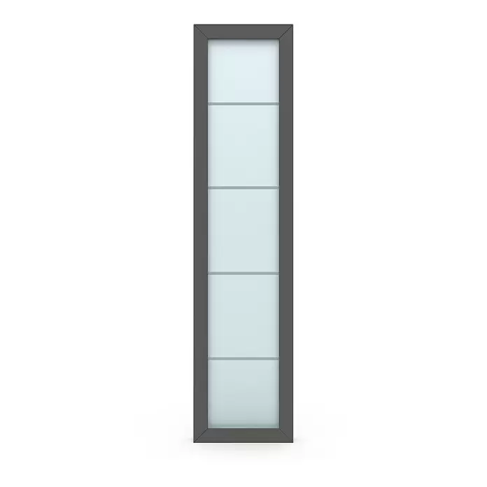 Gerda Seitenteil Thermo Prime - 50 x 210 cm, Anthrazitgrau, Sandgestrahlt mit 4 Klarstreifen - Hoher, schmaler Vitrinenschrank mit dunkelgrauem Rahmen und durchscheinenden weißen Böden.