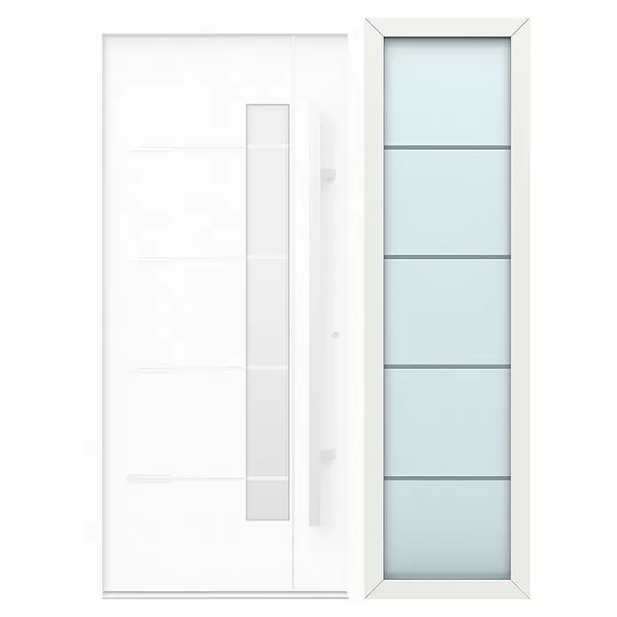 Gerda Seitenteil Thermo Prime - 60 x 210 cm, Weiß, Sandgestrahlt mit 4 Klarstreifen - Moderne weiße Eingangstür mit vertikalem Milchglaspanel und angrenzendem Klarglas-Seitenlicht mit horizontalen Teilern.