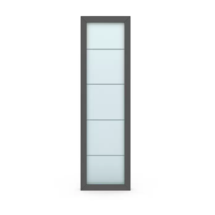 Gerda Seitenteil Thermo Prime - 60 x 210 cm, Anthrazitgrau, Sandgestrahlt mit 4 Klarstreifen - Hohes dunkelgraues Paneel mit mehreren hellblauen Milchglas-Segmenten.