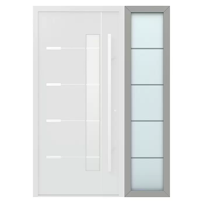 Gerda Seitenteil Thermo Prime - 50 x 210 cm, Grau, Sandgestrahlt mit 4 Klarstreifen - Moderne weiße Eingangstür mit langem Griff, vertikalem Glaseinsatz und passendem grau gerahmtem Seitenteil mit mattiertem Glas.