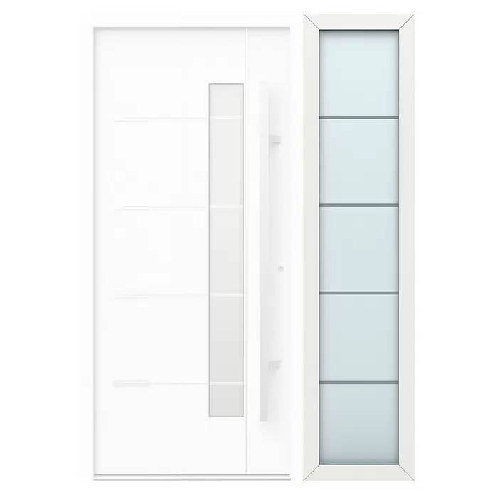 Gerda Seitenteil Thermo Prime - 50 x 210 cm, Weiß, Sandgestrahlt mit 4 Klarstreifen - Weiße moderne Haustür mit Querlinien, vertikalem Milchglaseinsatz und passendem Seitenteil.