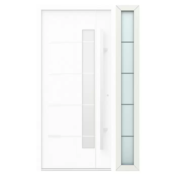 Gerda Seitenteil Thermo Prime - 30 x 210 cm, Weiß, Sandgestrahlt mit 4 Klarstreifen - Moderne weiße Eingangstür mit vertikalem Glaseinsatz und großem Griff, dazu passendes festes Glasseitenteil.