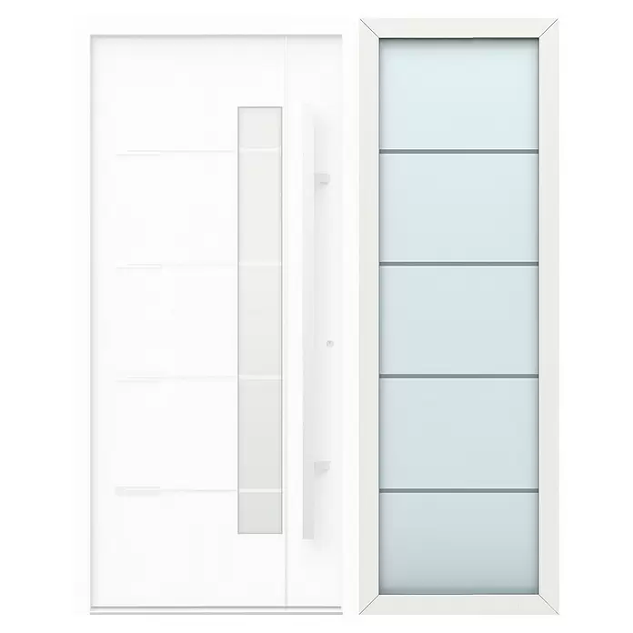 Gerda Seitenteil Thermo Prime - 70 x 210 cm, Weiß, Sandgestrahlt mit 4 Klarstreifen - Moderne weiße Eingangstür mit vertikalem Glaseinsatz und passendem Seitenlicht mit mehreren Scheiben.