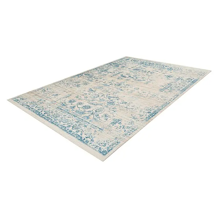 Kayoom Kurzflorteppich Baroque I - Creme/Blau, 150 x 80 cm, 100 % Polyester - Ein rechteckiger Teppich mit einem verzierten blauen Muster auf beigem Grund, ideal für jeden Wohnraum, der einen Hauch von Eleganz sucht.