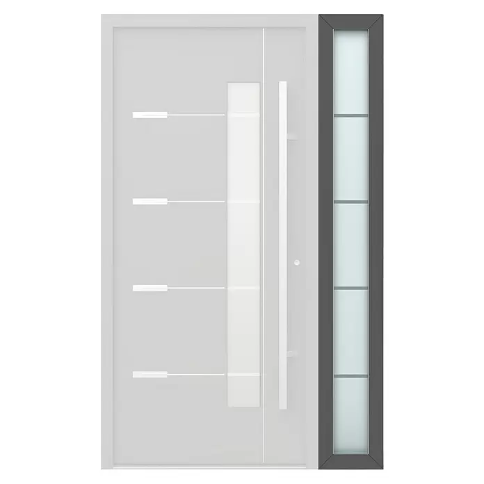 Gerda Seitenteil Thermo Prime - 30 x 210 cm, Anthrazitgrau, Sandgestrahlt mit 4 Klarstreifen - Moderne hellgraue Haustür mit vertikalem weißem Griff, satiniertem Glaseinsatz und dunkelgrauem Seitenteil mit hellblauem Glas.