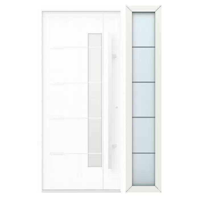 Gerda Seitenteil Thermo Prime - 40 x 210 cm, Weiß, Sandgestrahlt mit 4 Klarstreifen - Moderne weiße Eingangstür mit vertikalem Glaseinsatz und passendem Seitenteil.