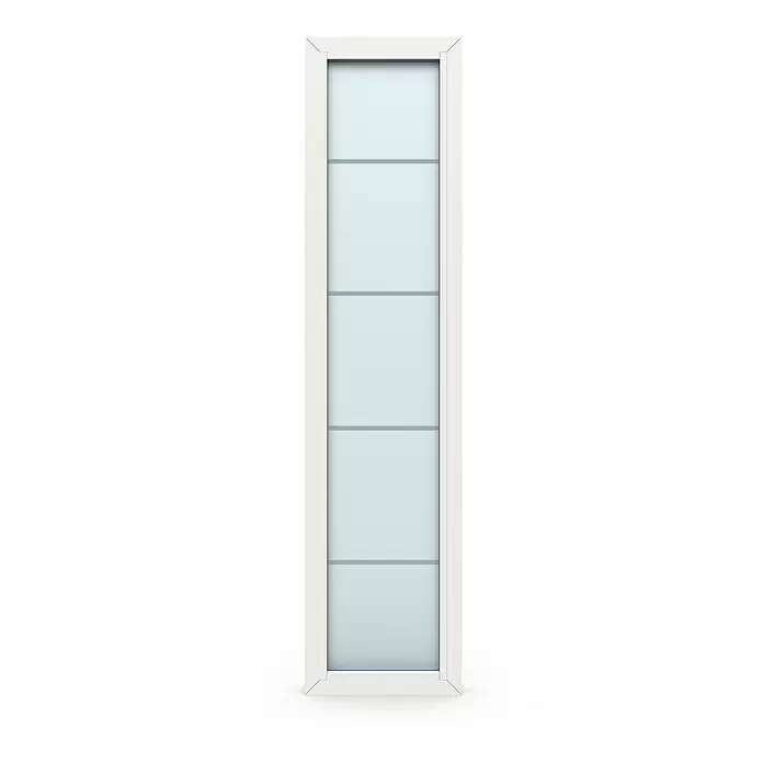 Gerda Seitenteil Thermo Prime - 50 x 210 cm, Weiß, Sandgestrahlt mit 4 Klarstreifen - Hohes, schmales vertikales Fenster mit weißem Rahmen und hellblauem Milchglas, in horizontale Felder unterteilt.