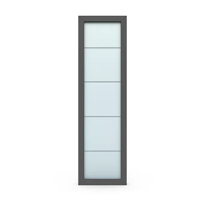 Gerda Seitenteil Thermo Prime - 60 x 210 cm, Anthrazitgrau, Sandgestrahlt mit 4 Klarstreifen - Hohes, schmales Fenster mit dunkelgrauem Rahmen und mehreren hellblauen Glasfeldern mit horizontalen Sprossen.