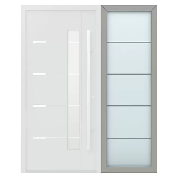 Gerda Seitenteil Thermo Prime - 70 x 210 cm, Grau, Sandgestrahlt mit 4 Klarstreifen - Moderne weiße Eingangstür mit Langgriff und Milchglaselementen, kombiniert mit einem passenden festen Seitenfenster.
