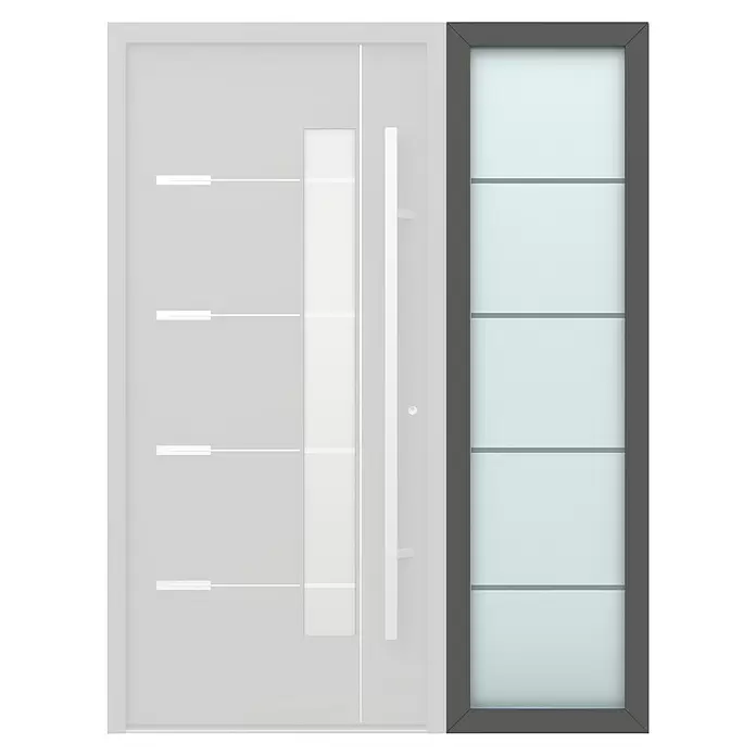 Gerda Seitenteil Thermo Prime - 60 x 210 cm, Anthrazitgrau, Sandgestrahlt mit 4 Klarstreifen - Moderne hellgraue Tür mit Stangengriff, vertikalem Glasfeld und integriertem Seitenlicht mit Unterteilungen.