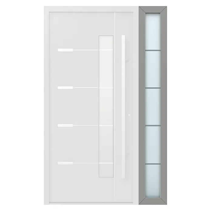 Gerda Seitenteil Thermo Prime - 30 x 210 cm, Grau, Sandgestrahlt mit 4 Klarstreifen - Moderne weiße Eingangstür mit vertikalem Milchglaseinsatz, horizontalen Rillen, langem Griff und Seitenteil mit grauem Rahmen.