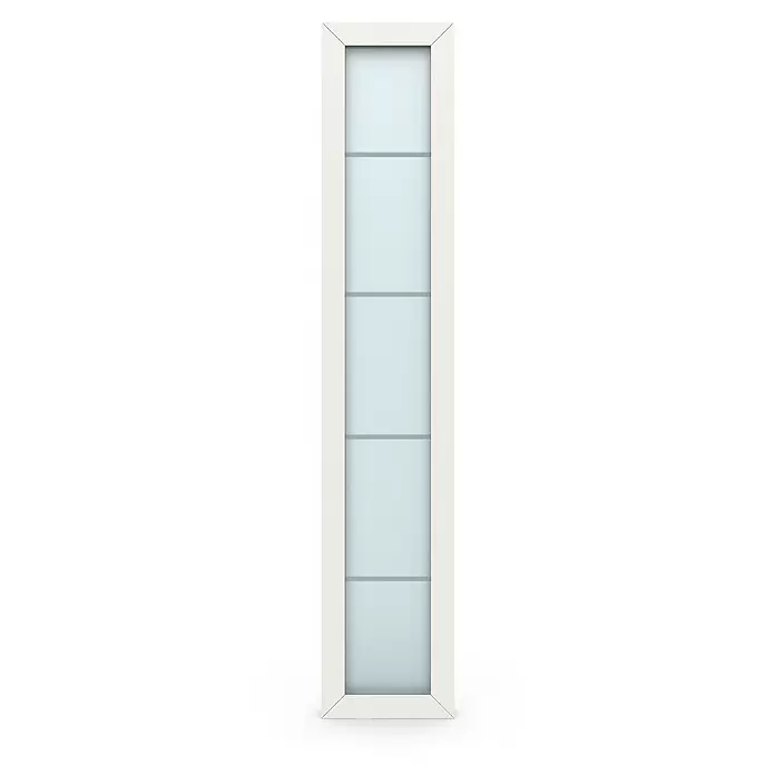 Gerda Seitenteil Thermo Prime - 40 x 210 cm, Weiß, Sandgestrahlt mit 4 Klarstreifen - Schmaler vertikaler Fenster- oder Türeinsatz mit weißem Rahmen und vier milchblauen Glasscheiben.