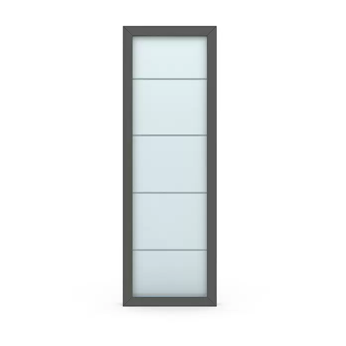Gerda Seitenteil Thermo Prime - 70 x 210 cm, Anthrazitgrau, Sandgestrahlt mit 4 Klarstreifen - Vertikale Platte mit dunkelgrauem Rahmen und hellblauen, horizontal geteilten Einsätzen.
